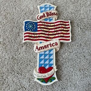 Jim Shore Patriotic God Bless America In God We Trust Cross Wall Hanging